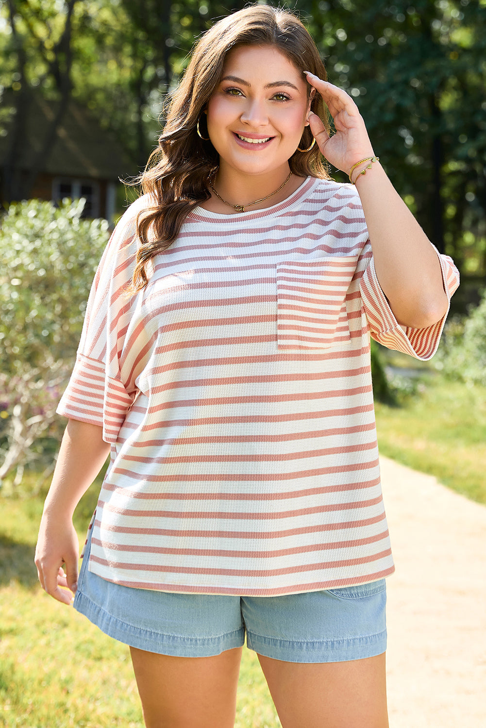 Pink Stripe Waffle Knit Pocketed Half Sleeve Plus Size T Shirt