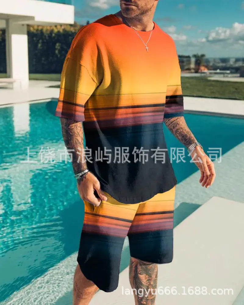 Men's Color Block 3D Printed T-Shirt Set for Summer 2023