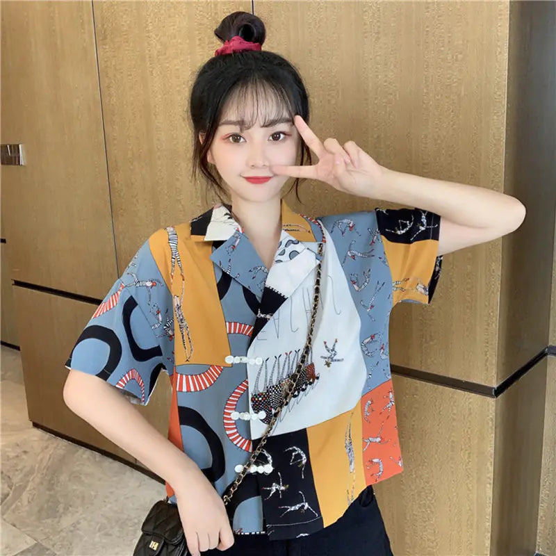 Geometric Pattern Short Sleeve Blouse for Women