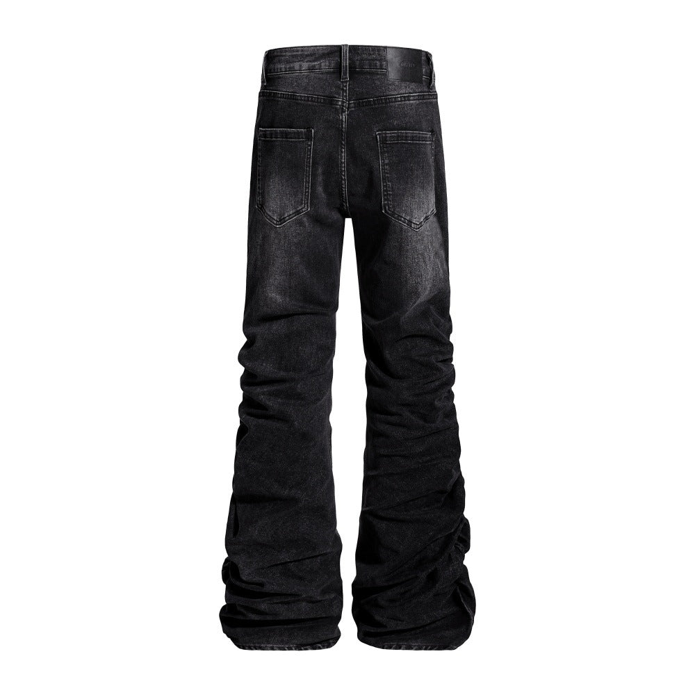 Mens Niche Designer-style Heavy-pleated Textured Denim Jeans