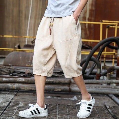 Mens Casual Loose Linen Cropped Pants