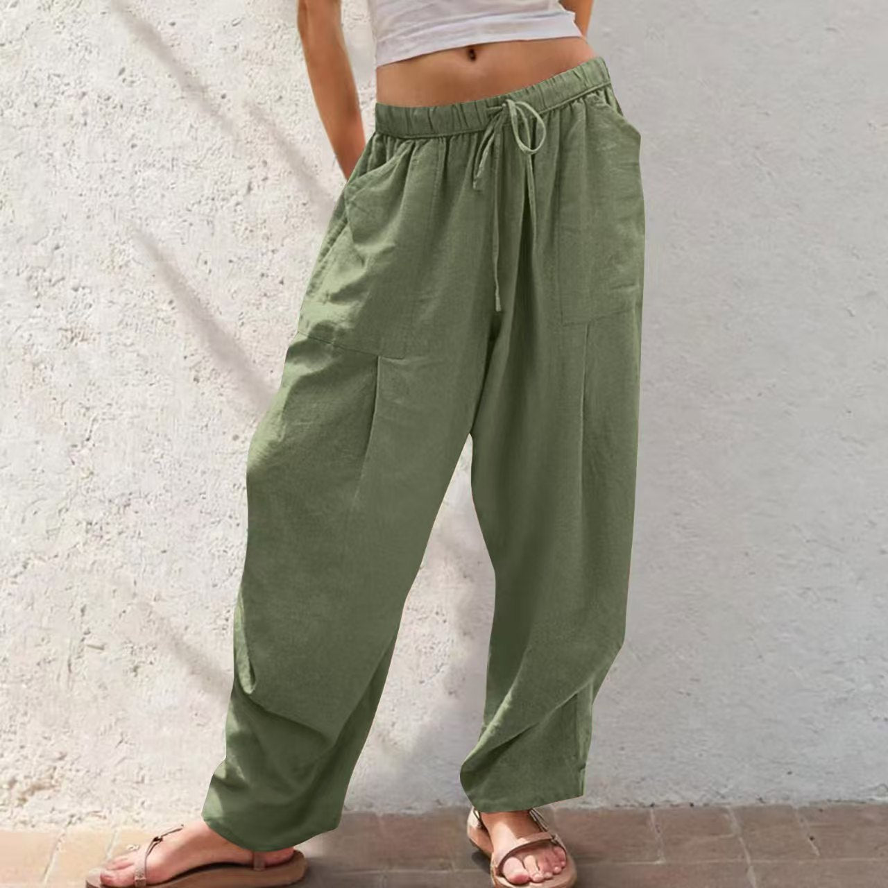 Womens Solid-Color Cotton-Linen Casual Loose Straight Pockets Lounge Pants With Drawstring