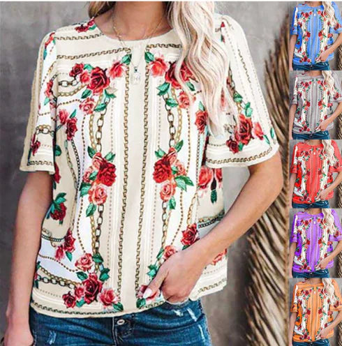 Women's Printed Round Neck Short Sleeve T-Shirt