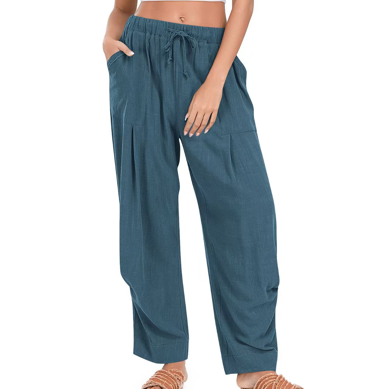Womens Solid-Color Cotton-Linen Casual Loose Straight Pockets Lounge Pants With Drawstring