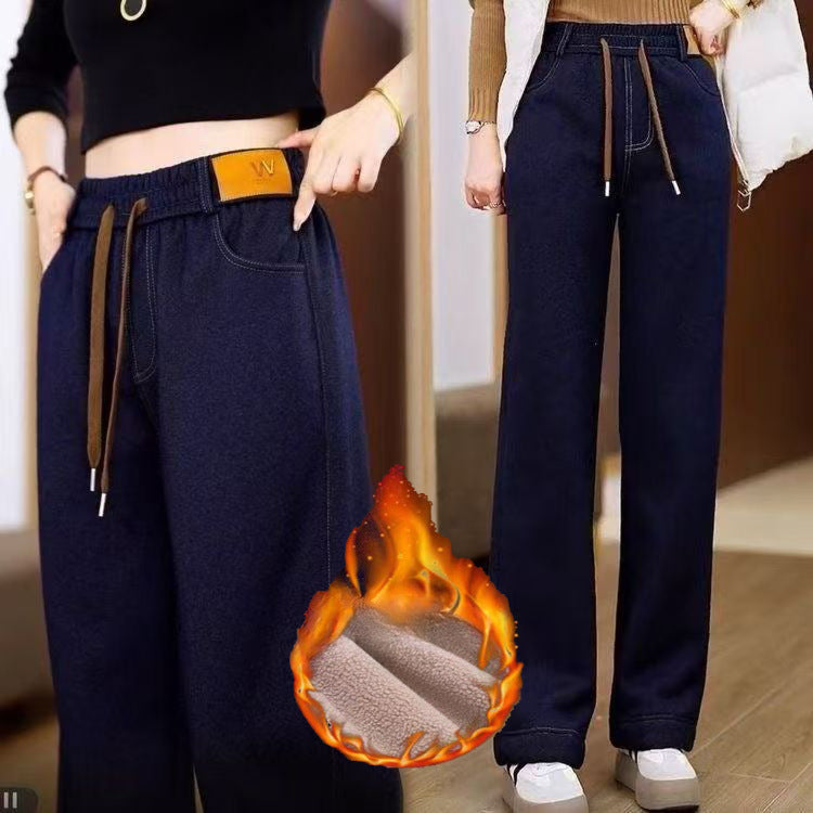 New Fleece-Lined High-Waist Straight-Leg Denim Wide-Leg Pants