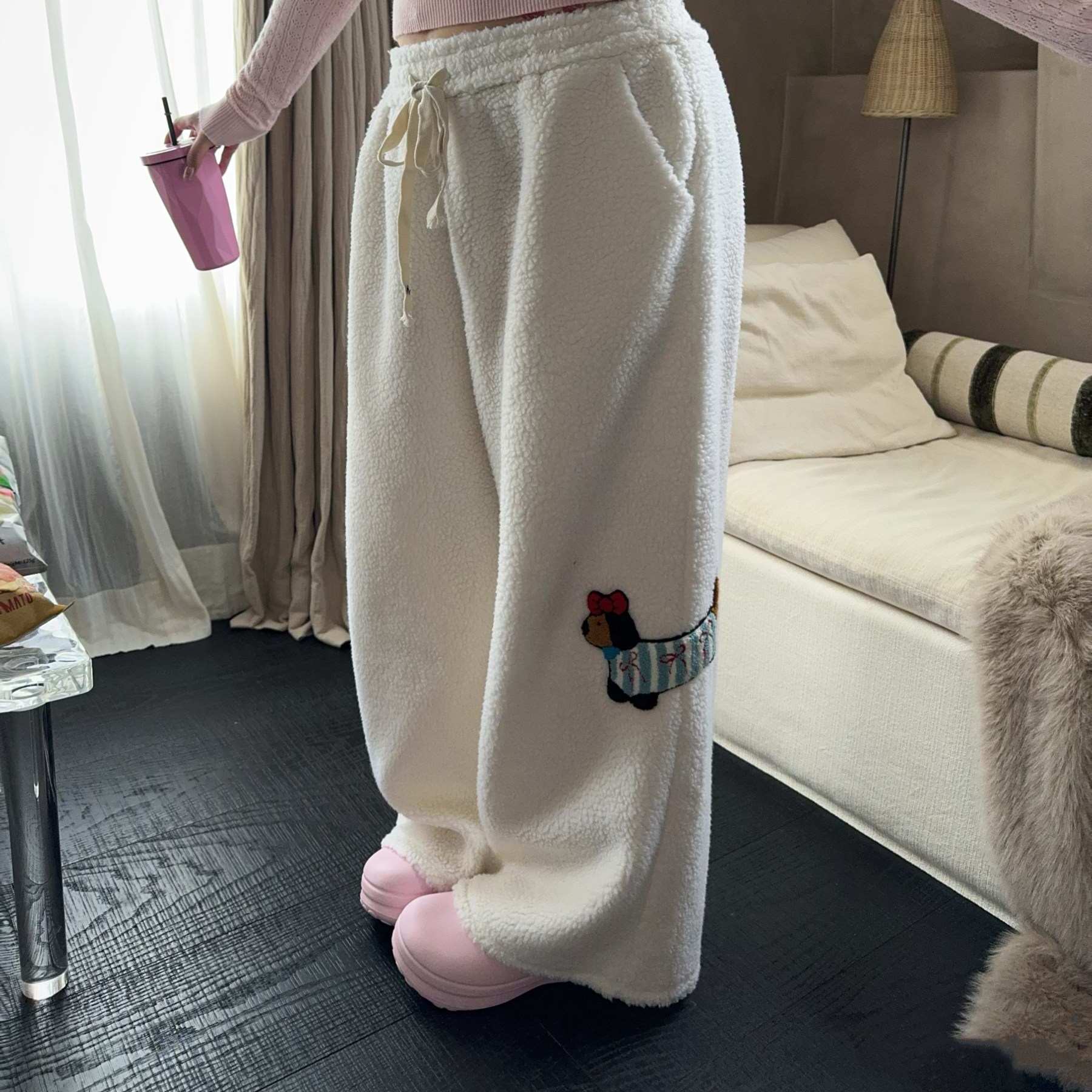 Large Loose Cute Sausage Puppy Embroidery Lamb Wool Wide Leg Casual Pants