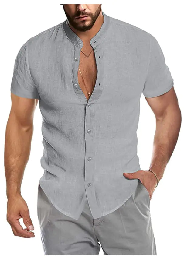 Men's V-Neck Linen Cardigan Short Sleeve Shirt