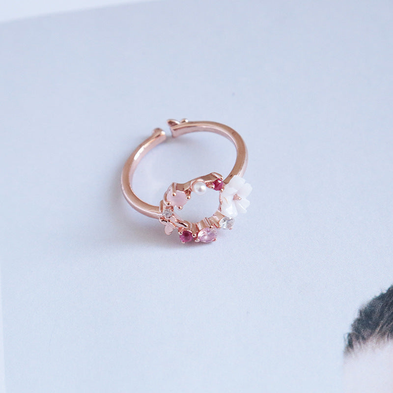 Japanese Cute Fresh Pink Zircon Flower Ring for Women