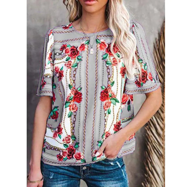 Women's Printed Round Neck Short Sleeve T-Shirt