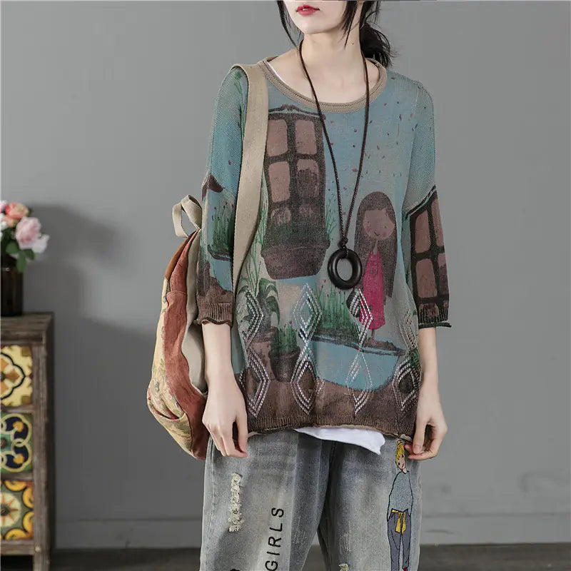 Summer Women's Loose Fit Printed Knit Cotton T-Shirt
