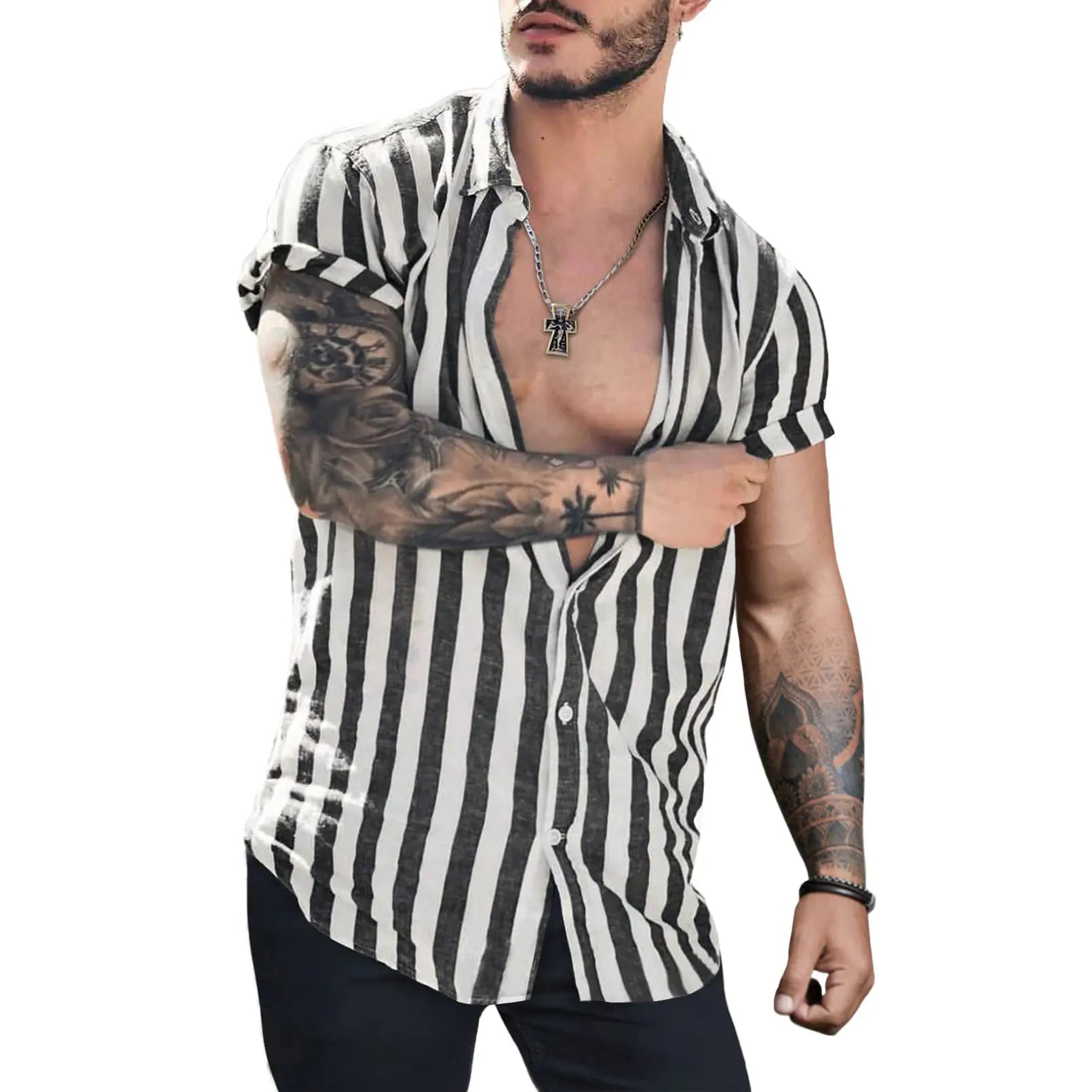 Men's Striped Short Sleeve Cardigan Shirt