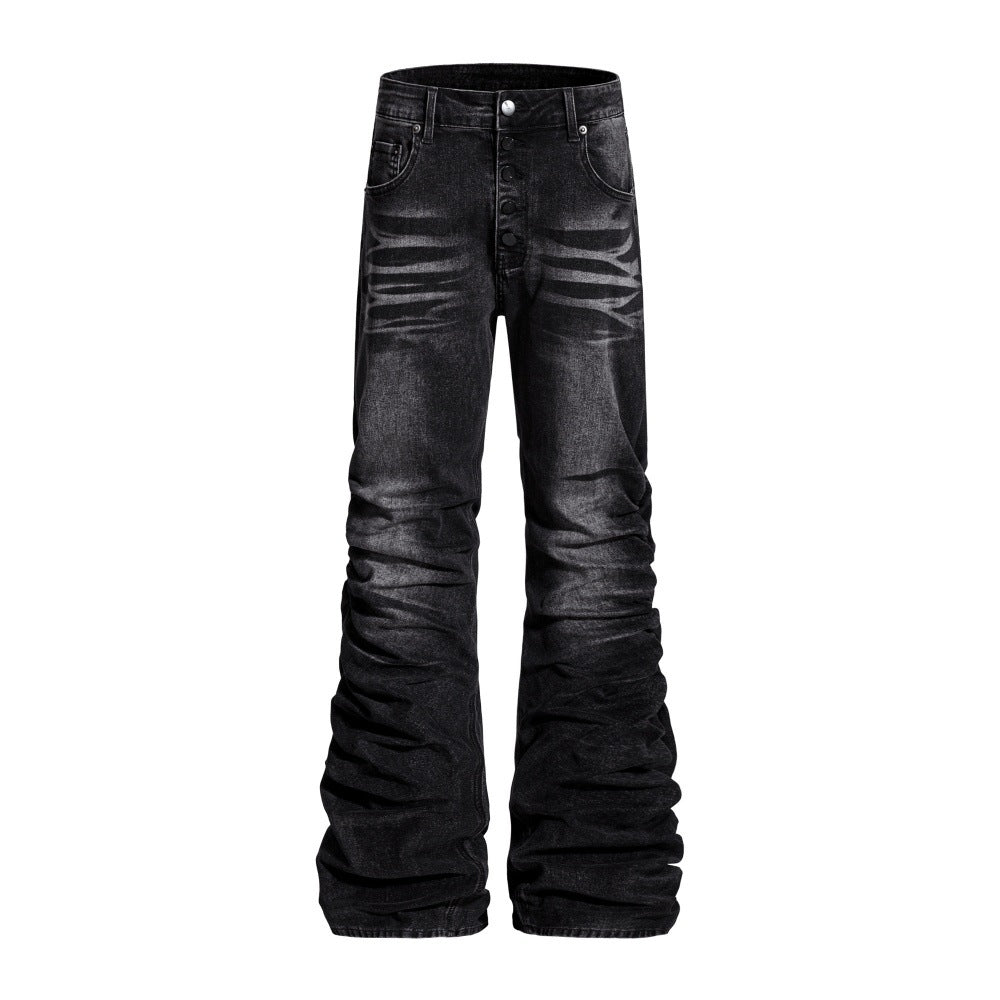 Mens Niche Designer-style Heavy-pleated Textured Denim Jeans