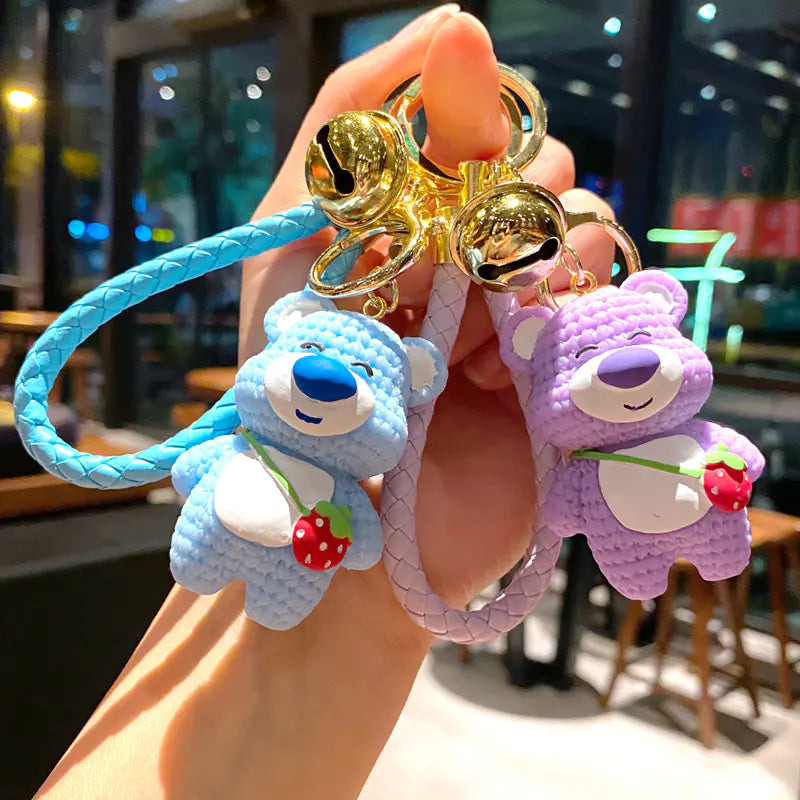 Cute Strawberry Bear Resin Keychain for Kids' Bags