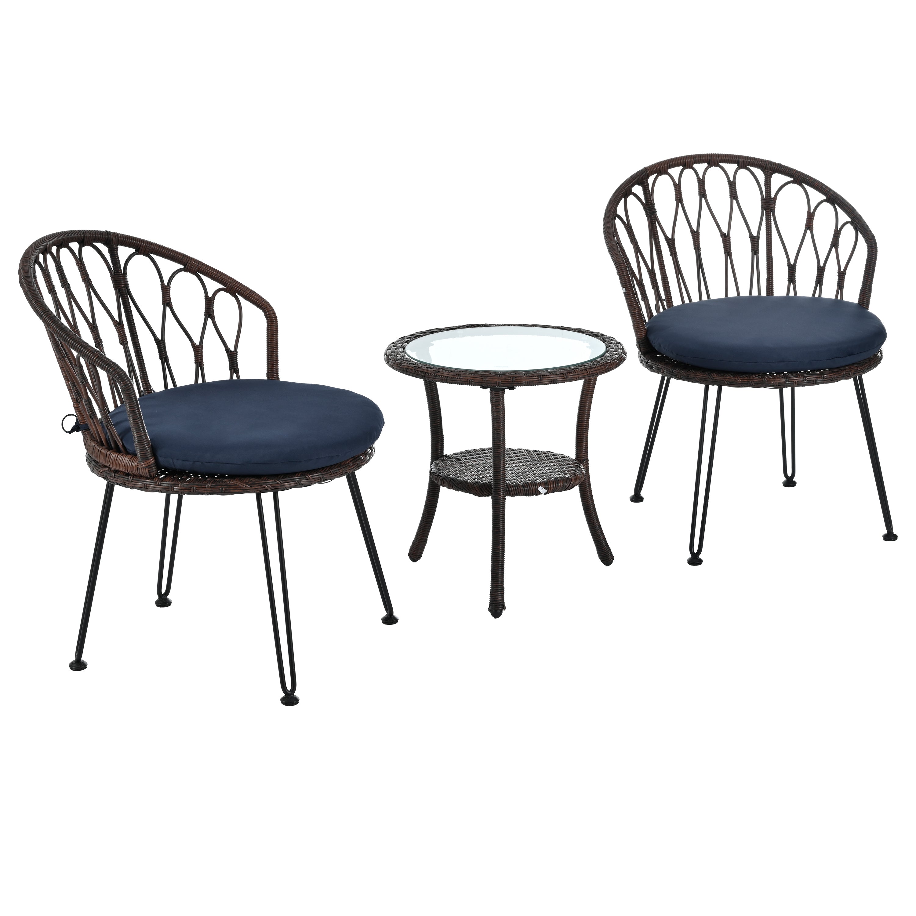 Outdoor Leisure Set, 2 Rattan Single Chairs with A Glass Round Table,