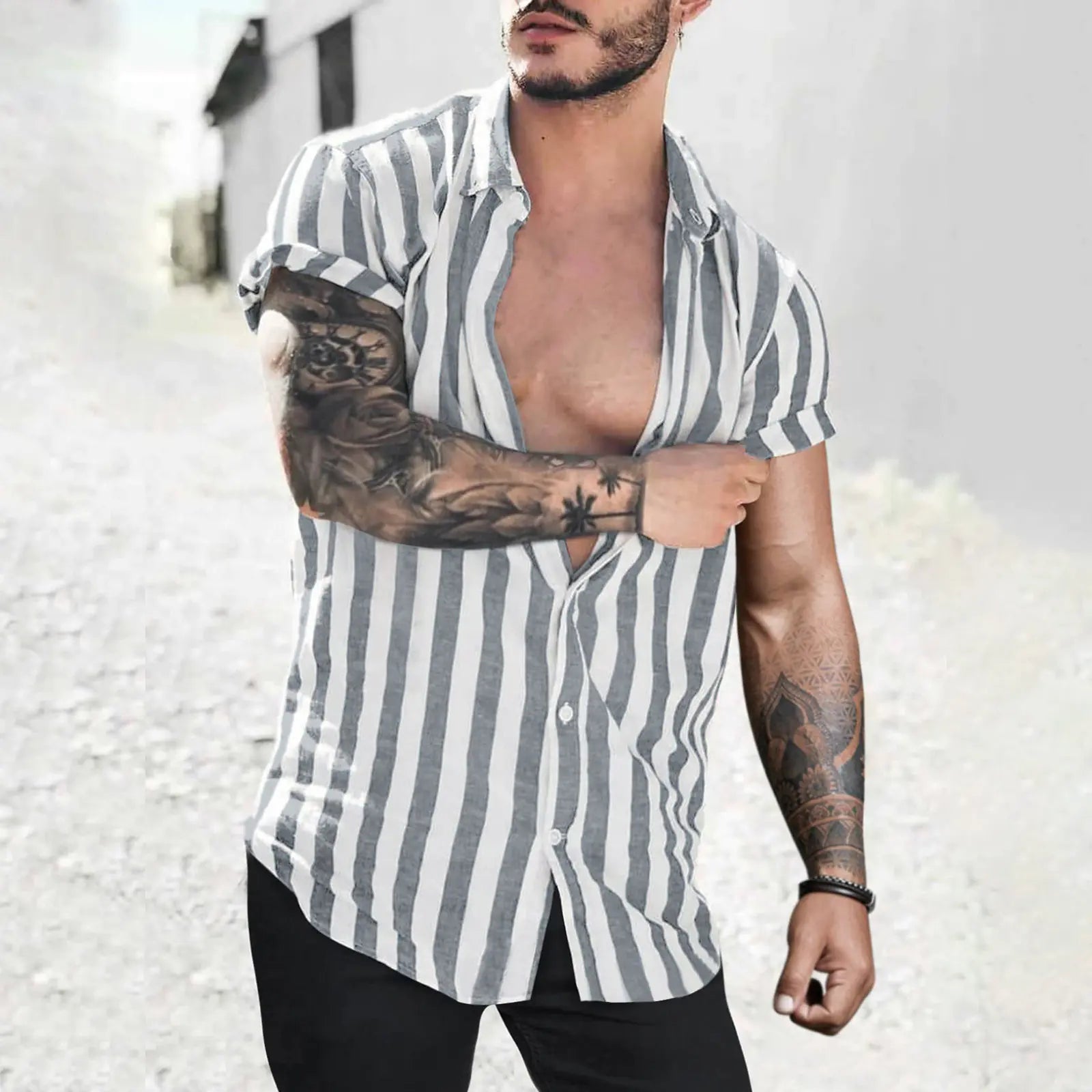Men's Striped Short Sleeve Cardigan Shirt