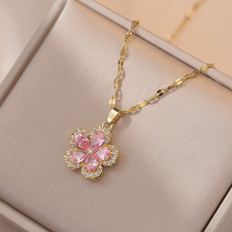 Pink Zircon Flower Pendant Necklace Set for Women