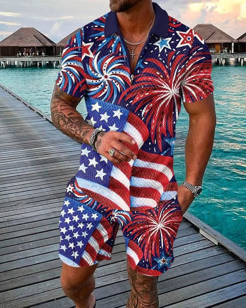 Men's 3D Digital Print Polo Shirt Set with Stripes