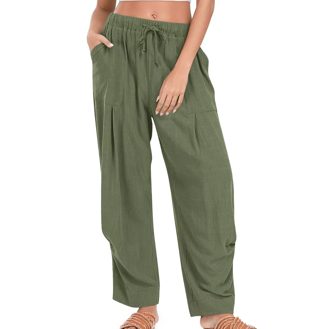 Womens Solid-Color Cotton-Linen Casual Loose Straight Pockets Lounge Pants With Drawstring