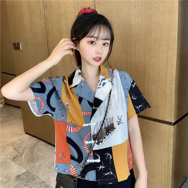 Geometric Pattern Short Sleeve Blouse for Women