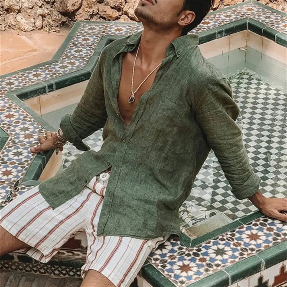 Men's Casual Cotton Linen Lapel Long-Sleeve Shirt