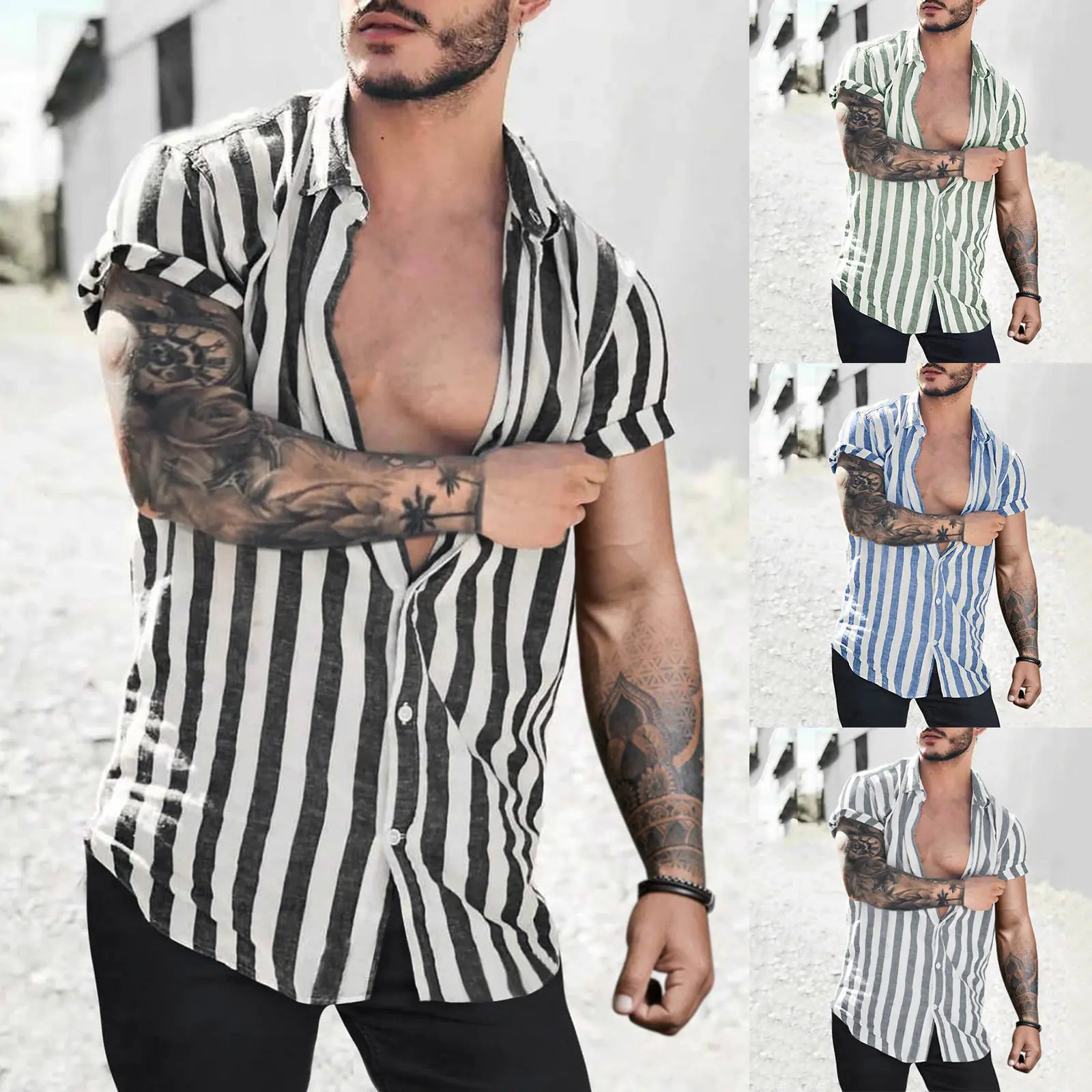 Men's Striped Short Sleeve Cardigan Shirt