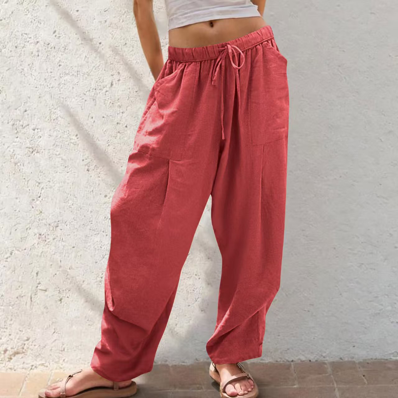 Womens Solid-Color Cotton-Linen Casual Loose Straight Pockets Lounge Pants With Drawstring