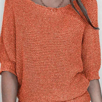 Three-quarter Sleeve Pullover Sweater Fashion Solid Color Loose Round Neck Knitted Top For Women Clothing
