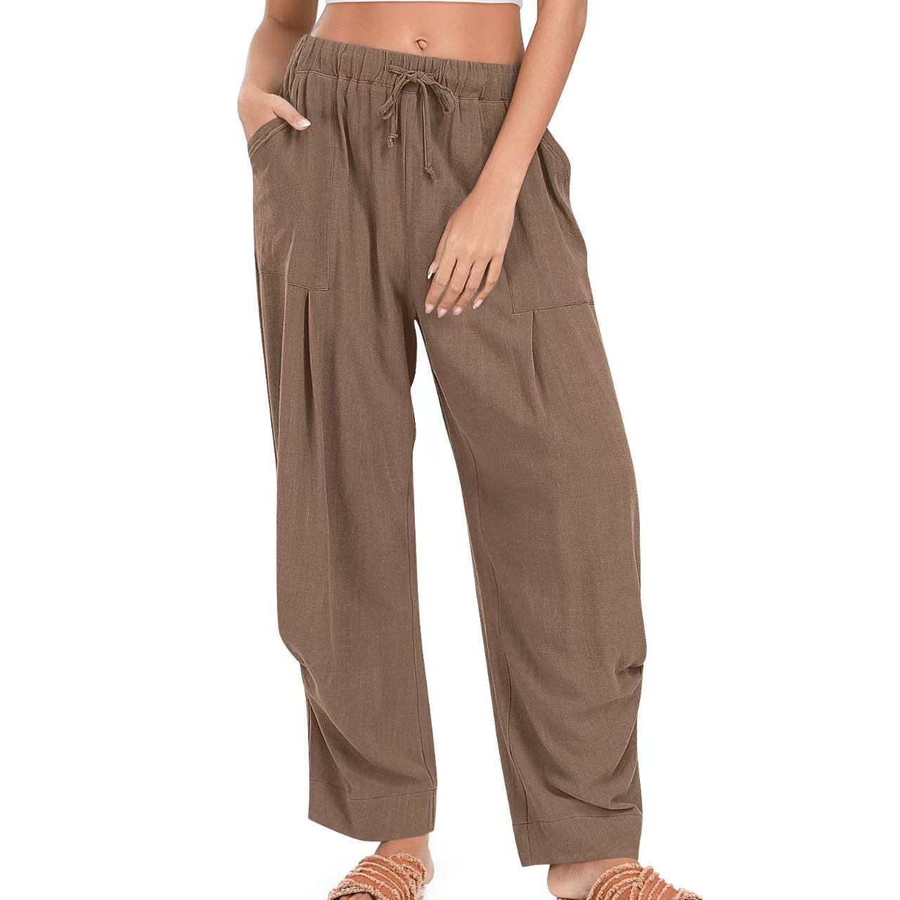 Womens Solid-Color Cotton-Linen Casual Loose Straight Pockets Lounge Pants With Drawstring