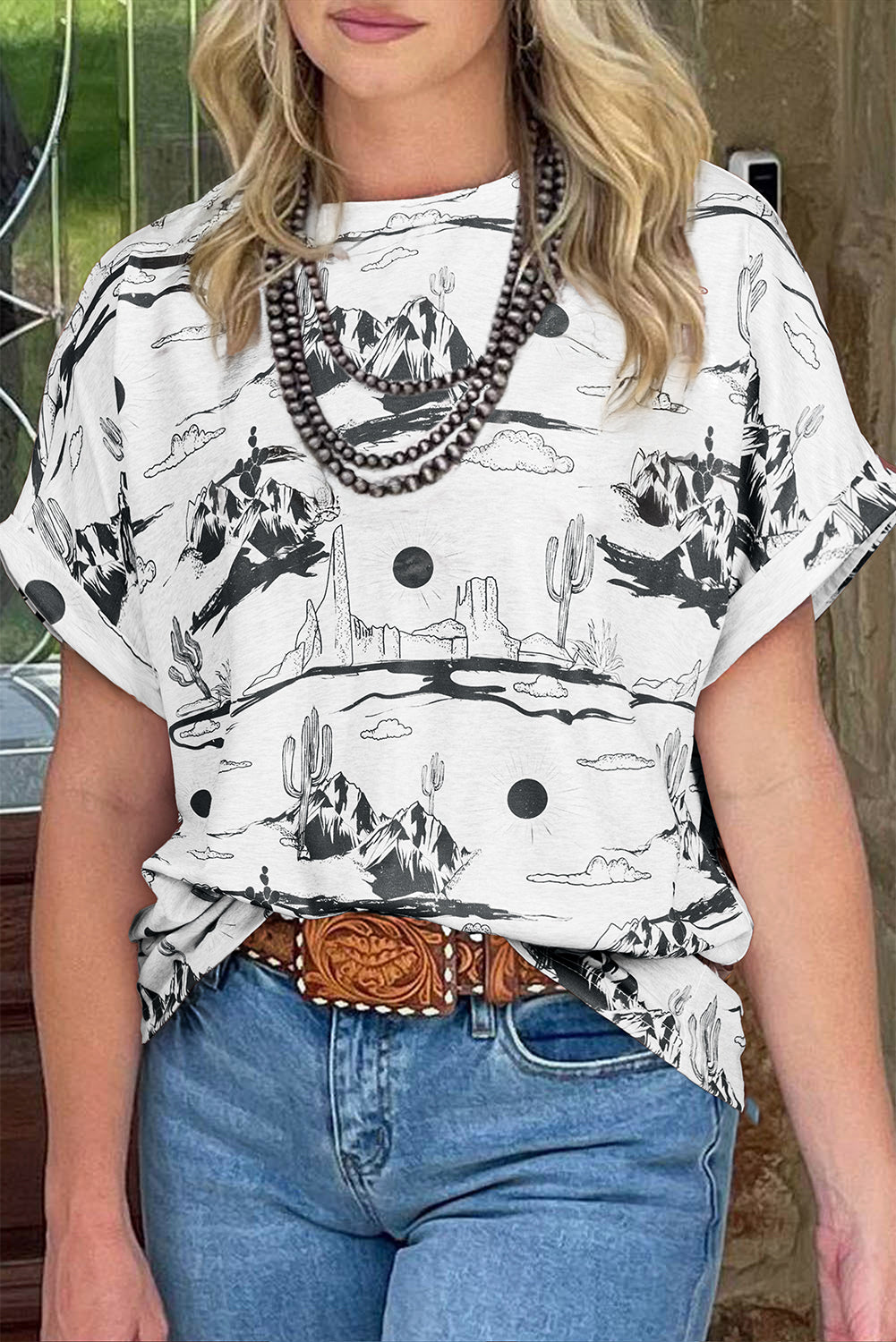 Black Desert Sand Print Short Sleeve Knit Top