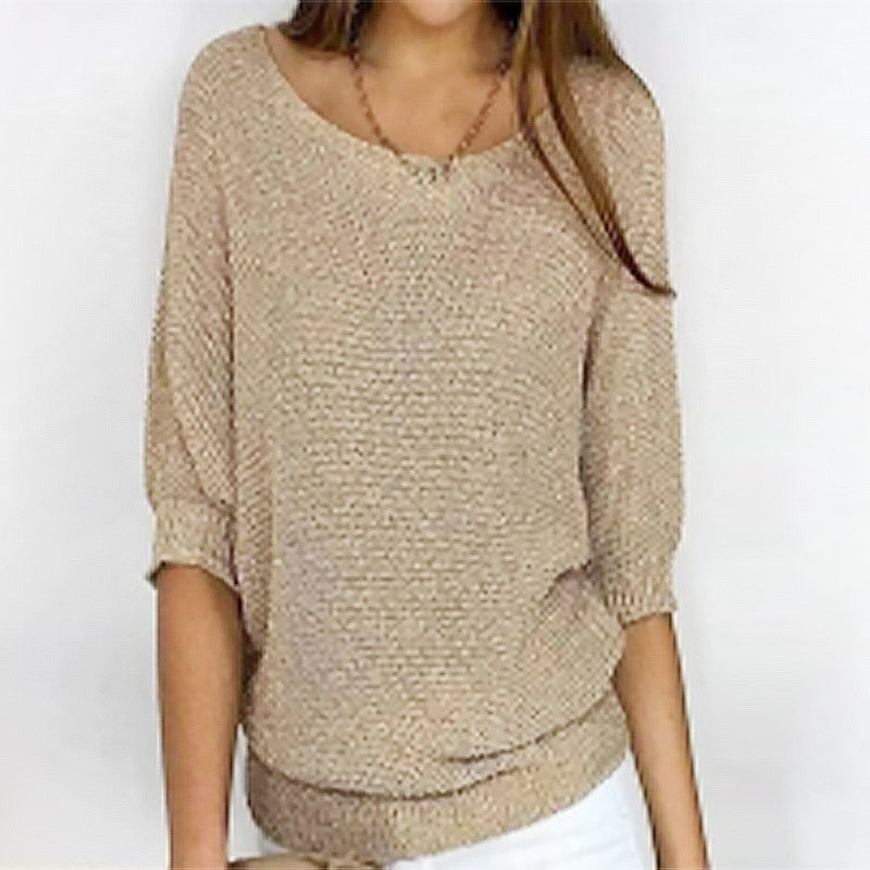 Three-quarter Sleeve Pullover Sweater Fashion Solid Color Loose Round Neck Knitted Top For Women Clothing