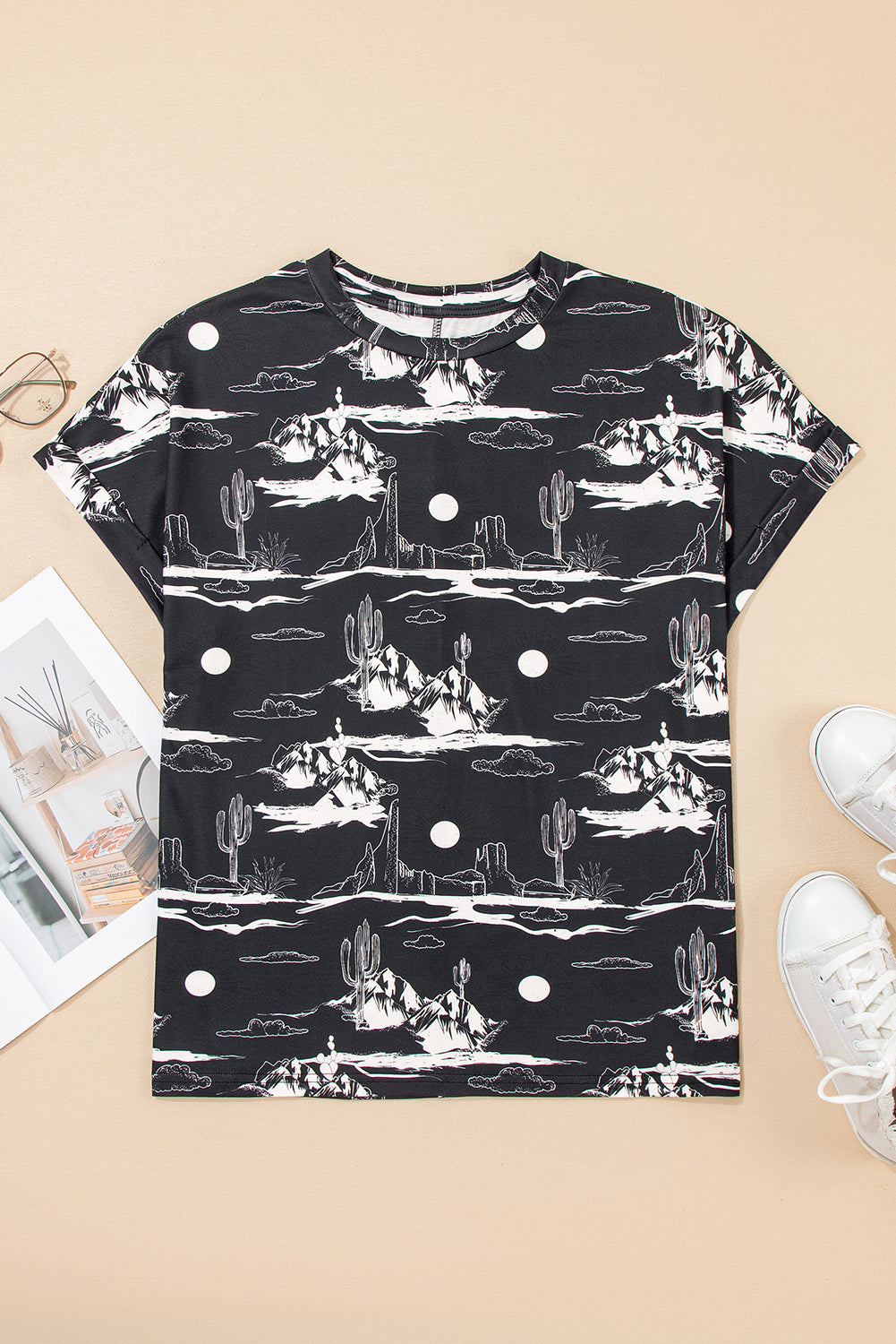 Black Desert Sand Print Short Sleeve Knit Top