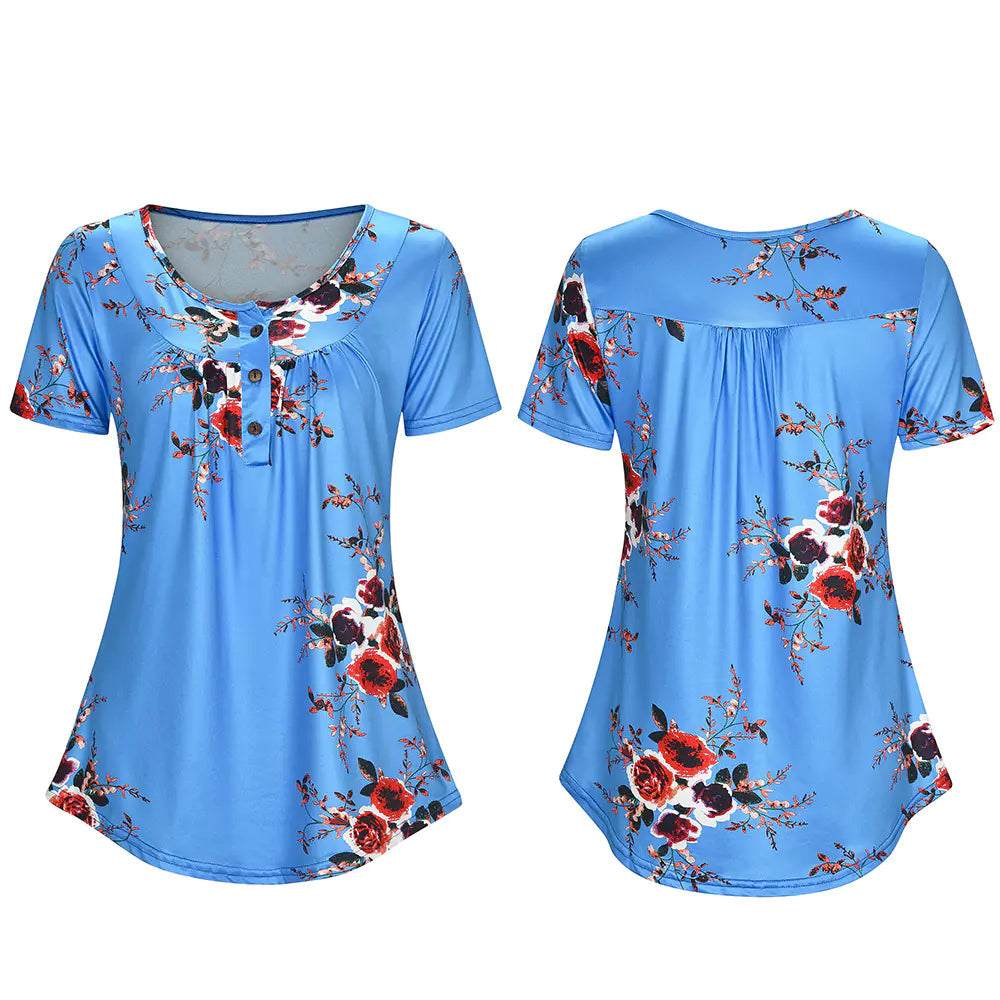 Loose-Fit Printed Short Sleeve T-Shirt with Buttons