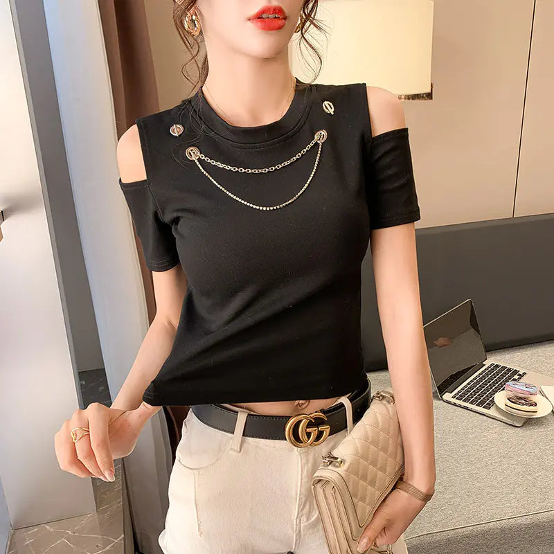 Solid Color Button Round Neck Short Sleeve T-Shirt