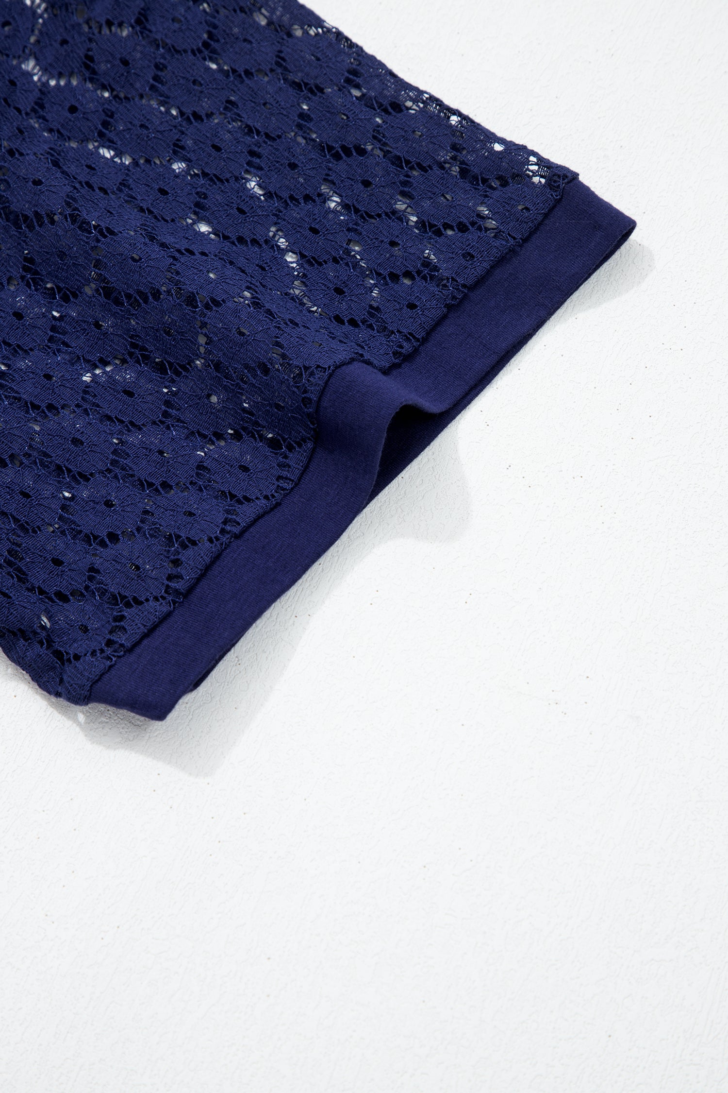 Navy Blue Plus Size Solid Color Lace Short Sleeve Pleated Swing Dress