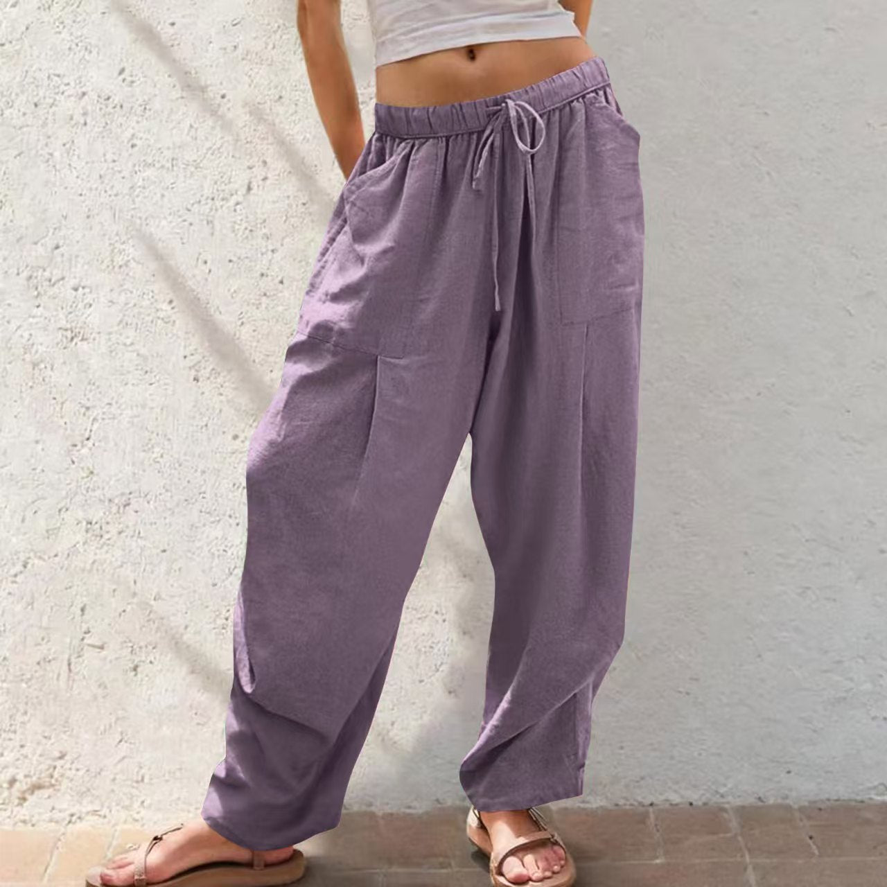 Womens Solid-Color Cotton-Linen Casual Loose Straight Pockets Lounge Pants With Drawstring