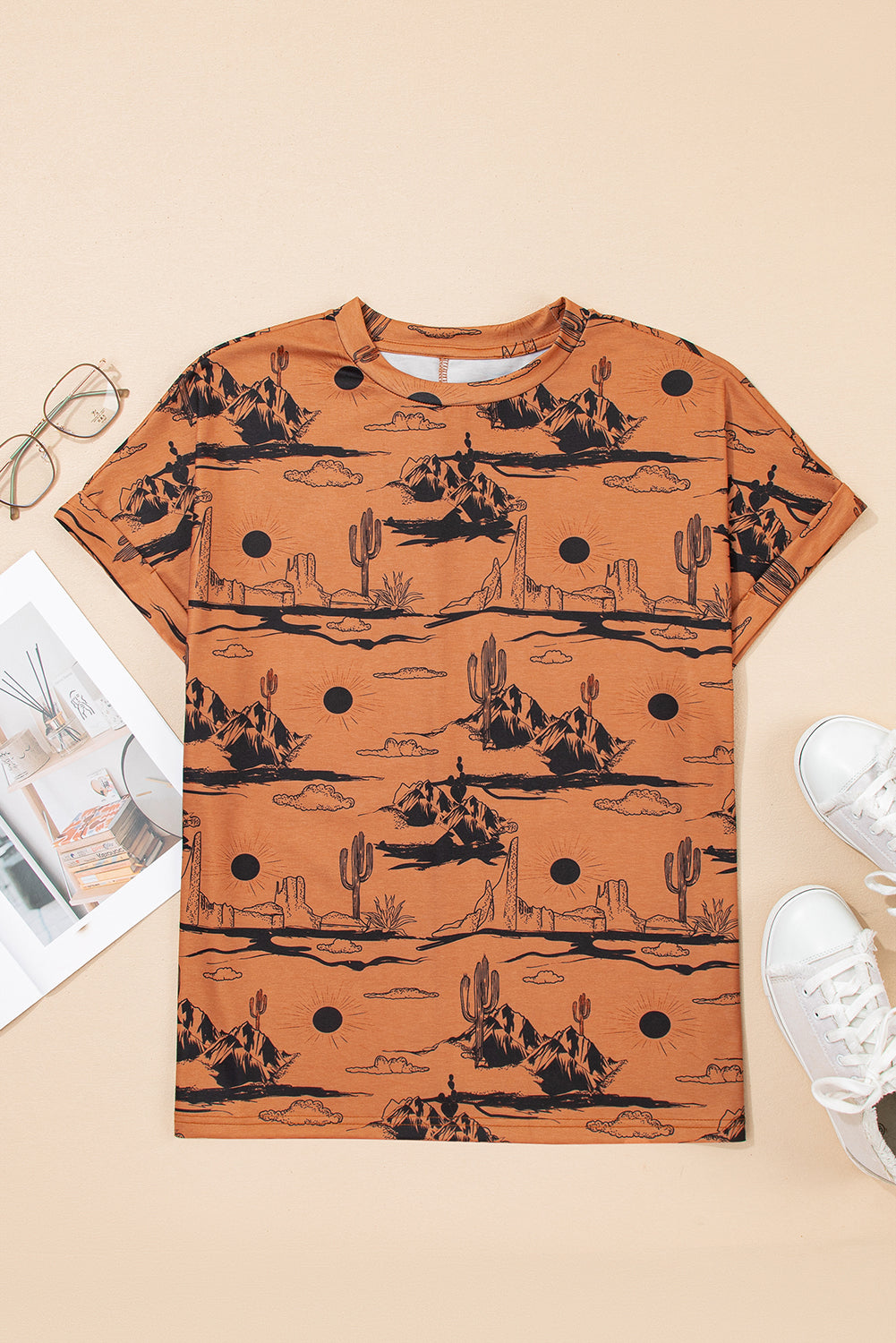 Black Desert Sand Print Short Sleeve Knit Top