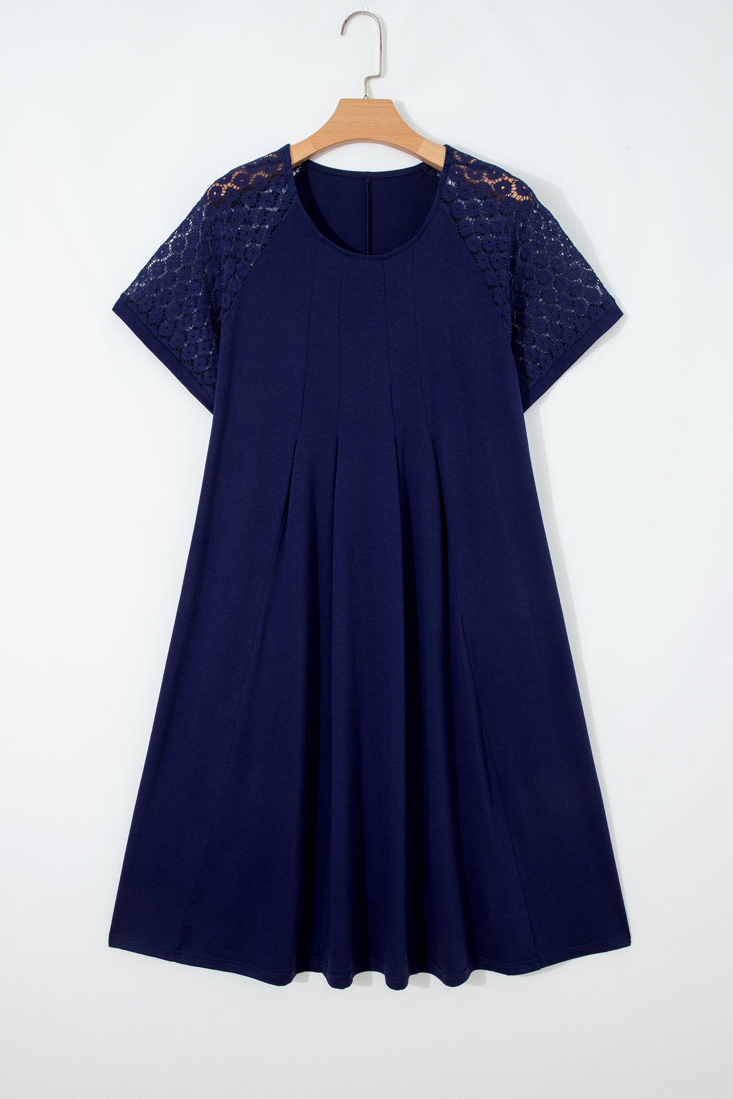 Navy Blue Plus Size Solid Color Lace Short Sleeve Pleated Swing Dress