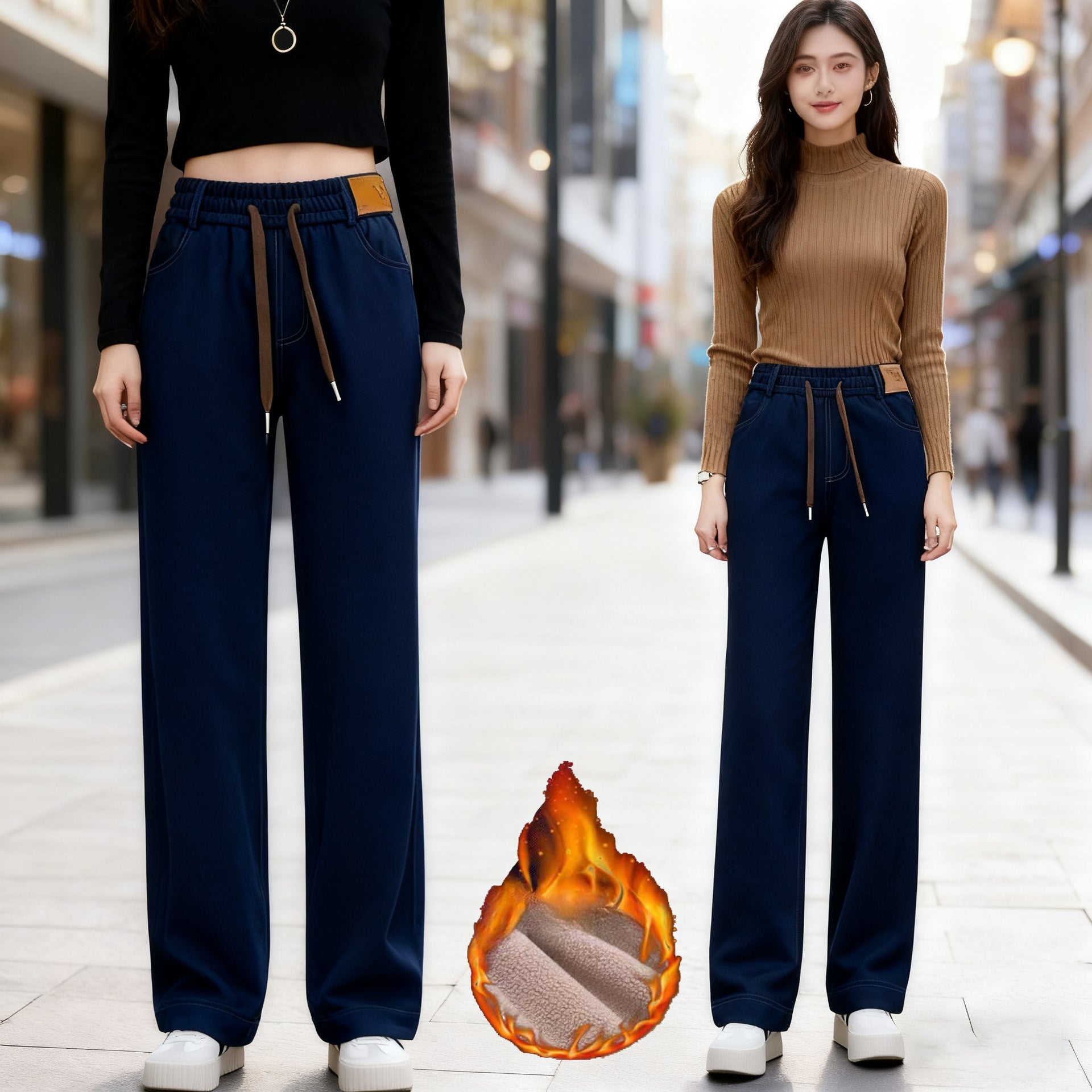 New Fleece-Lined High-Waist Straight-Leg Denim Wide-Leg Pants