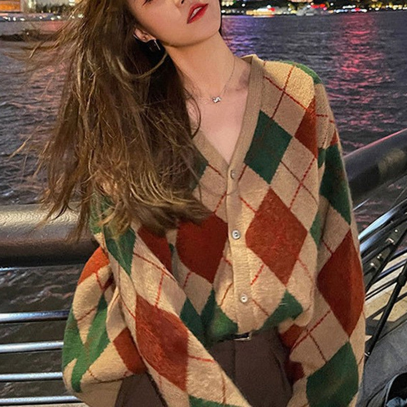 Color Matching Fashionable Knitted Casual Cardigan Easy Matching Coat