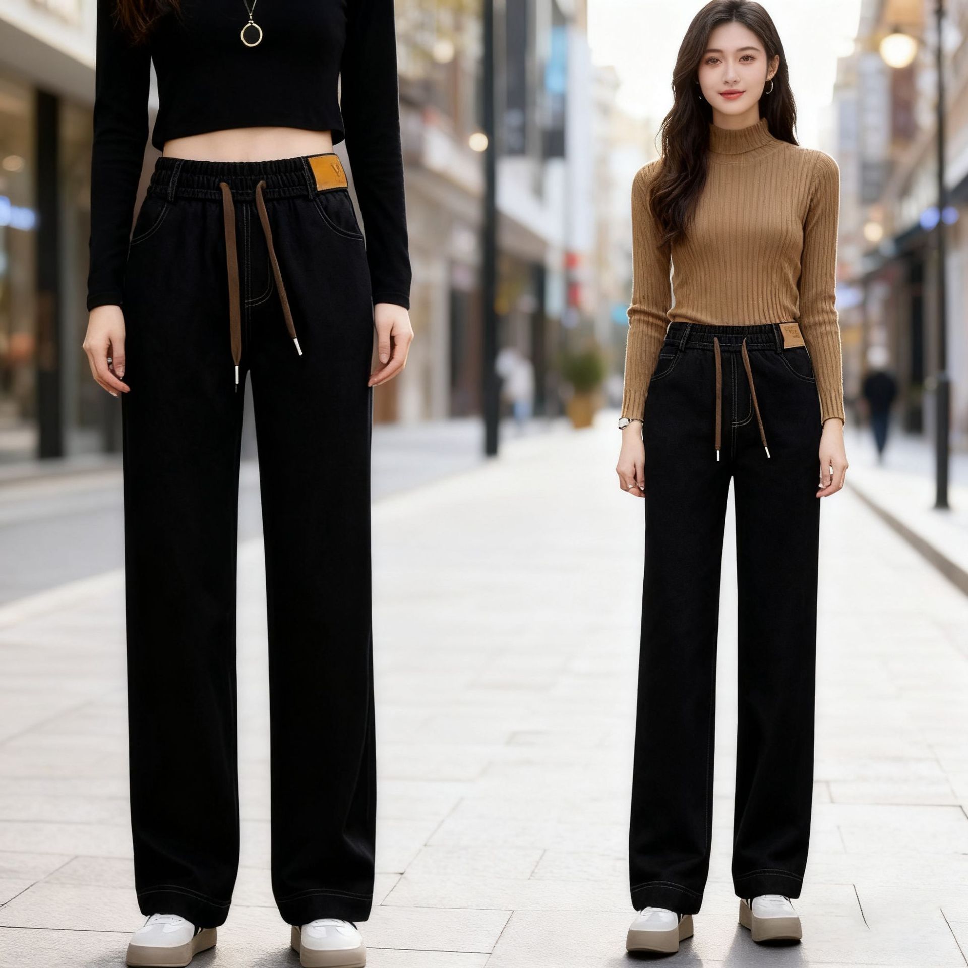New Fleece-Lined High-Waist Straight-Leg Denim Wide-Leg Pants