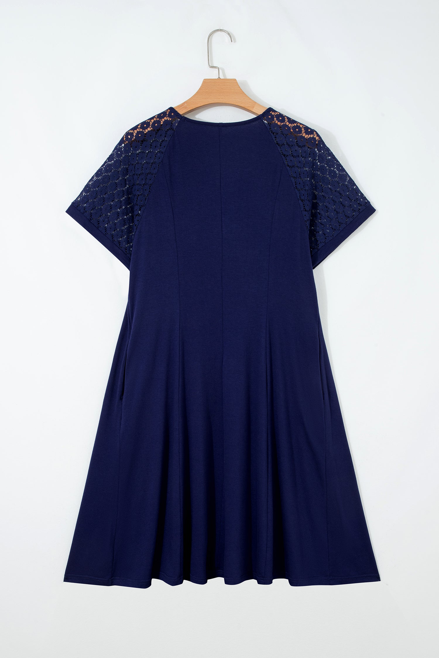 Navy Blue Plus Size Solid Color Lace Short Sleeve Pleated Swing Dress