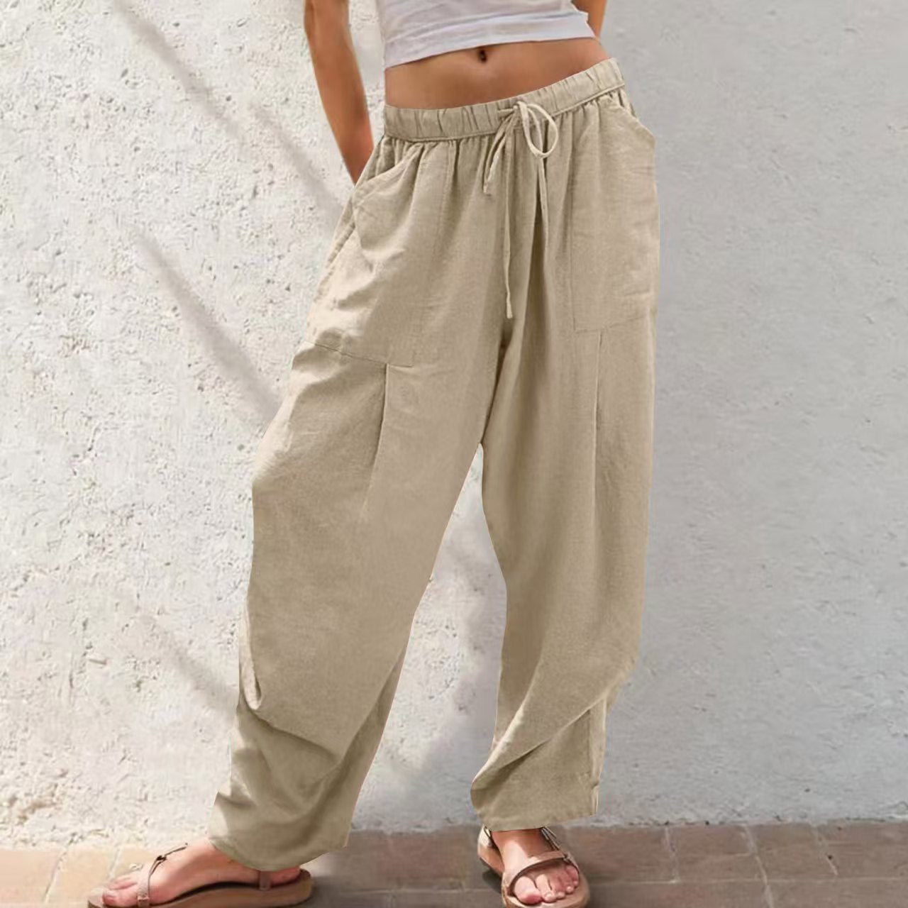 Womens Solid-Color Cotton-Linen Casual Loose Straight Pockets Lounge Pants With Drawstring