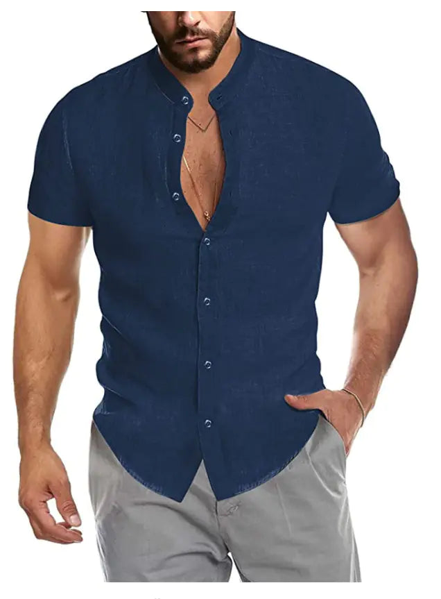 Men's V-Neck Linen Cardigan Short Sleeve Shirt