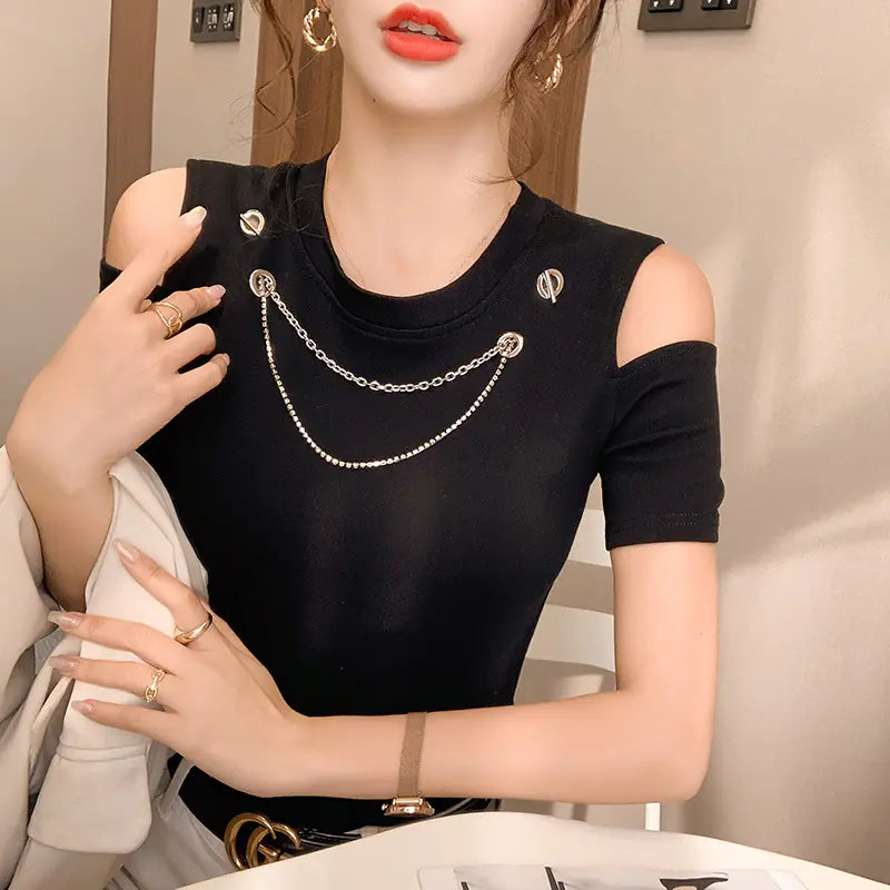 Solid Color Button Round Neck Short Sleeve T-Shirt