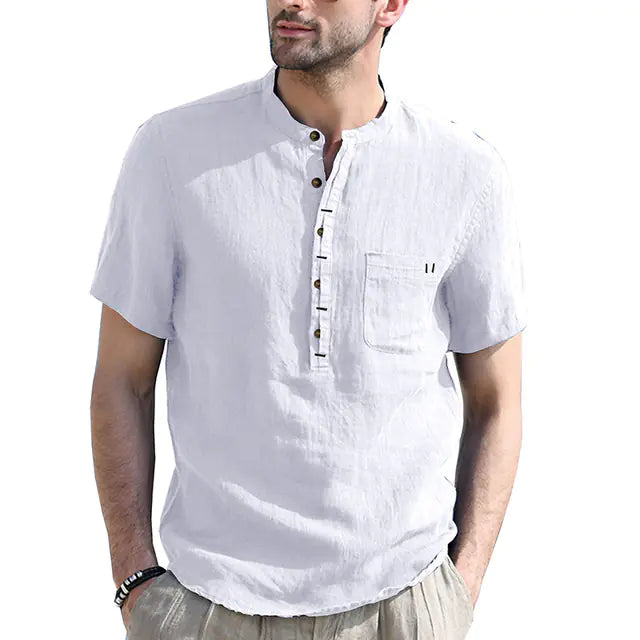 Men's Casual Cotton Linen Short Sleeve Polo Shirt