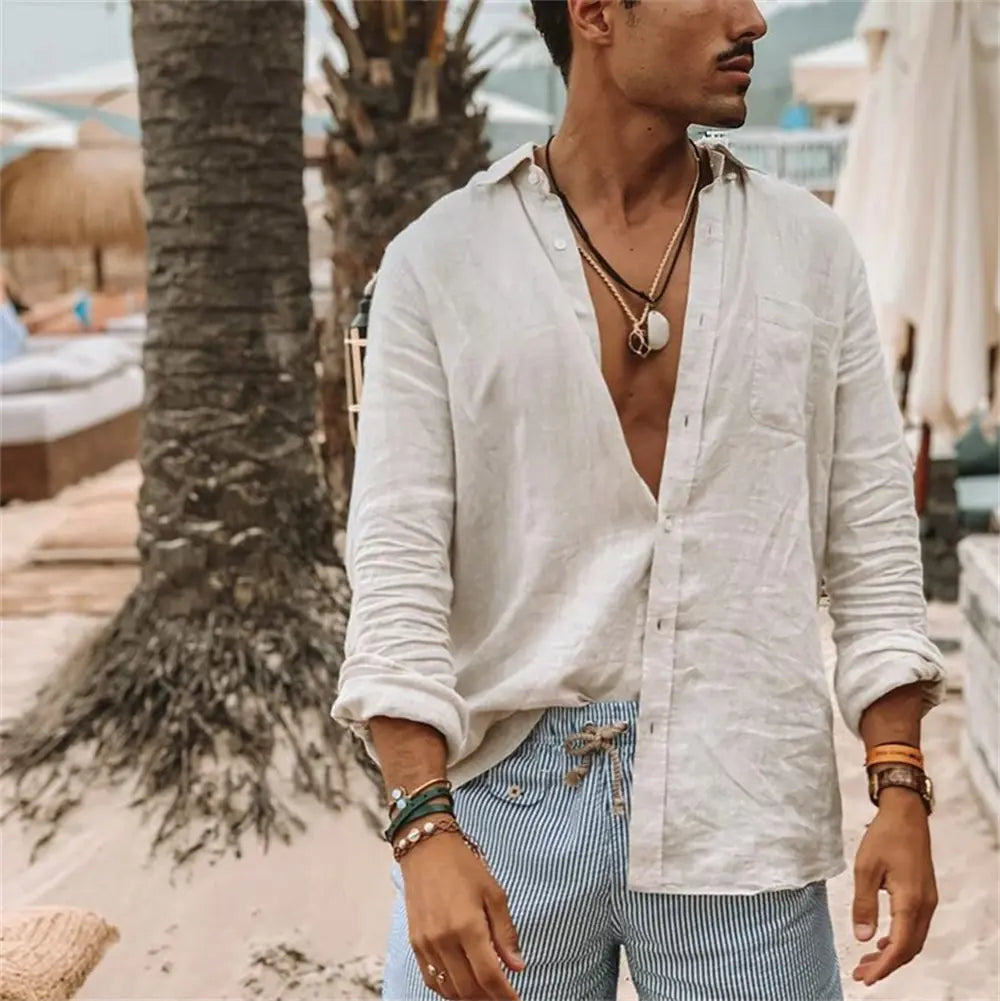 Men's Casual Cotton Linen Lapel Long-Sleeve Shirt