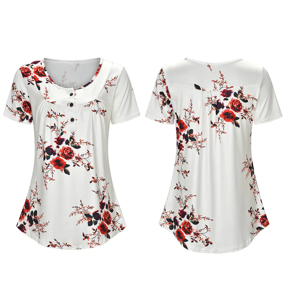 Loose-Fit Printed Short Sleeve T-Shirt with Buttons
