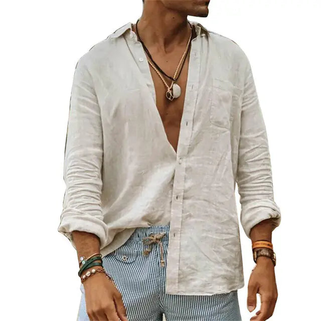 Men's Casual Cotton Linen Lapel Long-Sleeve Shirt