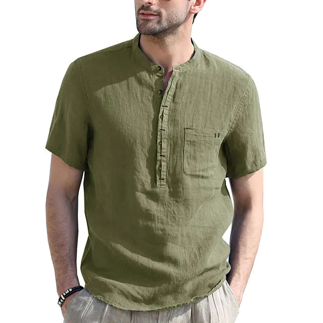 Men's Casual Cotton Linen Short Sleeve Polo Shirt