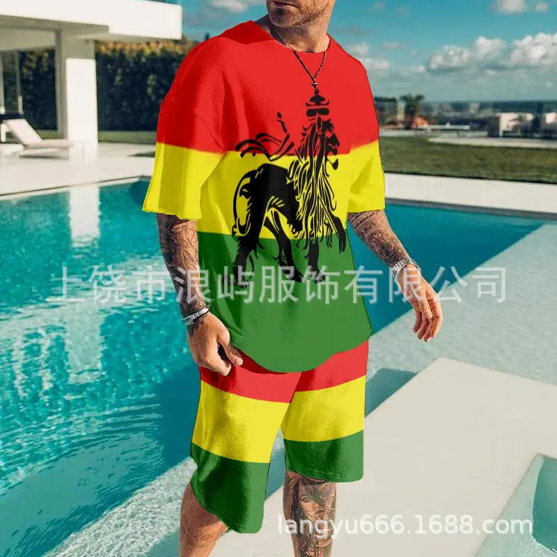 Men's Color Block 3D Printed T-Shirt Set for Summer 2023